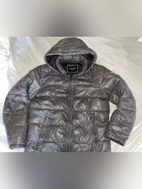 Guess Shiny Gray Quilted Hooded Puffer Jacket
